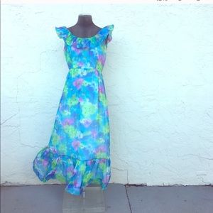 Vintage Blue and Green Floral Maxi Dress